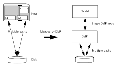 How DMP represents multiple physical paths to a disk as one node
