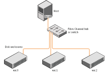 Example configuration for disk enclosures connected via a fibre channel hub or switch