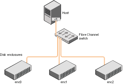 Example configuration for disk enclosures connected via a fibre channel switch