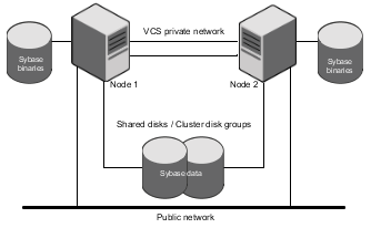 Binaries on local disk and Sybase data on shared disks