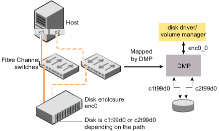 Example of multipathing for a disk enclosure in a SAN environment