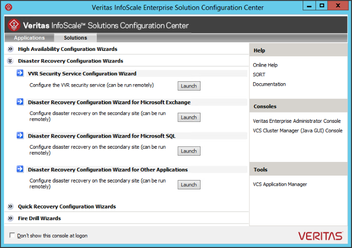 SCC: Solutions tab: DR configuration wizards