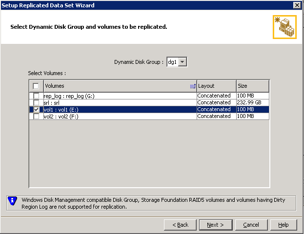 Select dynamic disk group and volumes