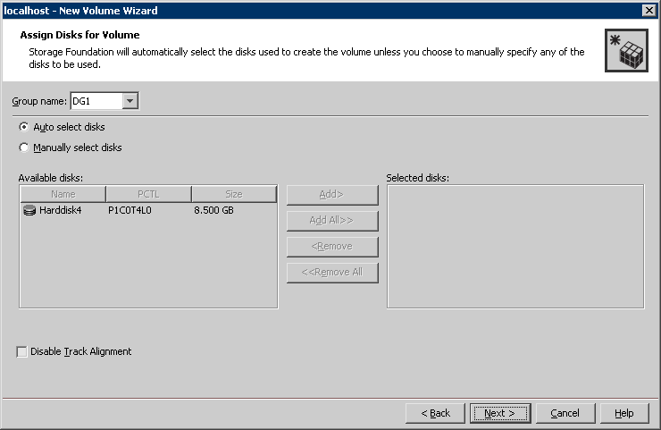 Assign Disks for Volume panel