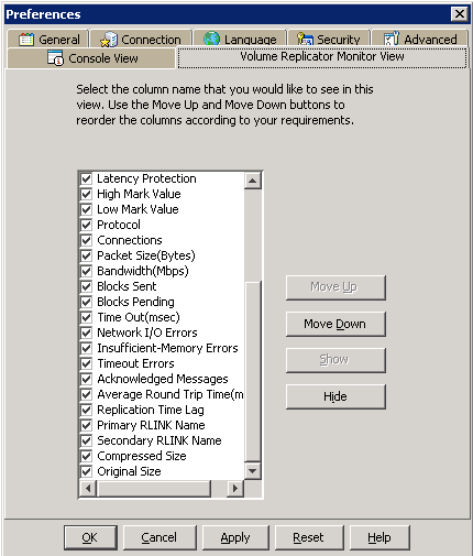 Monitor View > Preferences showing enabled Volume Replicator object values